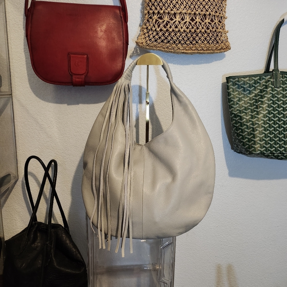 Soft Pebbled Hobo Bag with Fringe Strap - Taupe - Picture 10 of 10